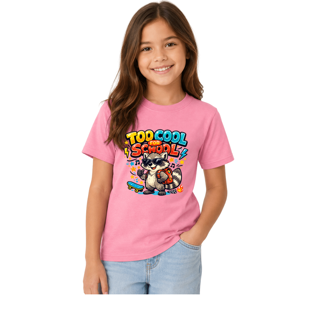 Pink youth graphic tee featuring a skateboard raccoon wearing sunglasses with bright Too Cool for School lettering and school details.