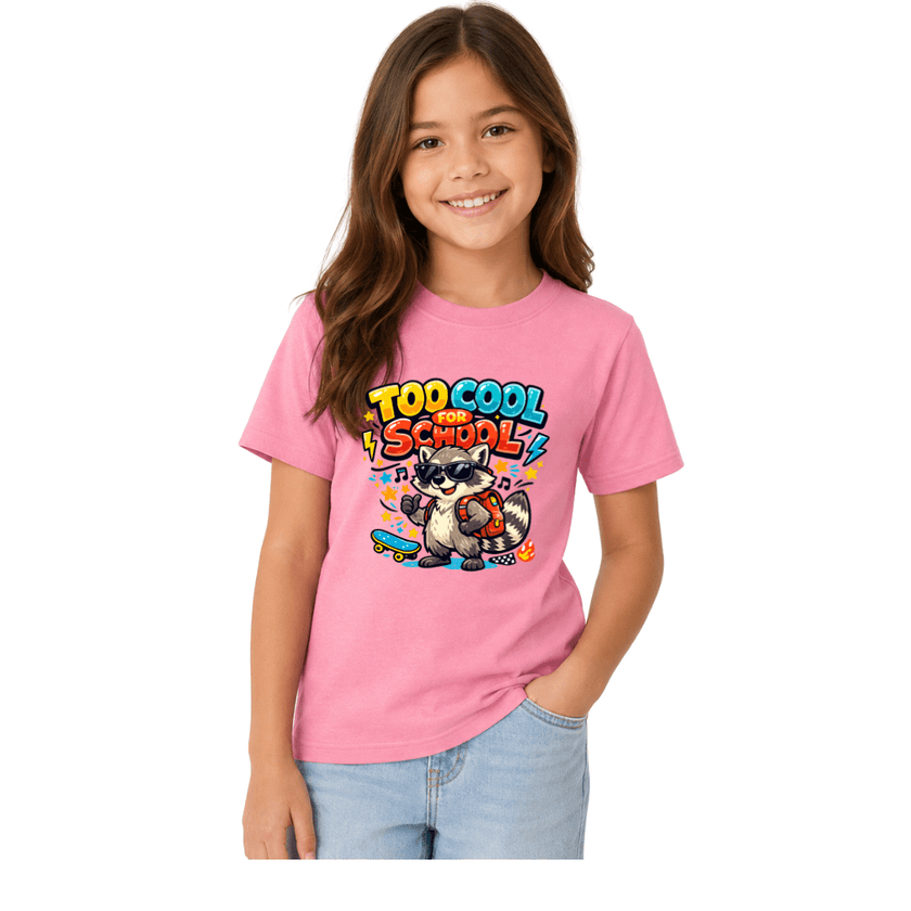 Pink youth graphic tee featuring a skateboard raccoon wearing sunglasses with bright Too Cool for School lettering and school details.