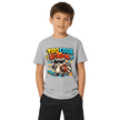 A young boy wearing a heather gray graphic t-shirt with a cartoon raccoon and the text 'TOO COOL FOR SCHOOL' in colorful bubble letters, paired with black pants, set against a plain white background.