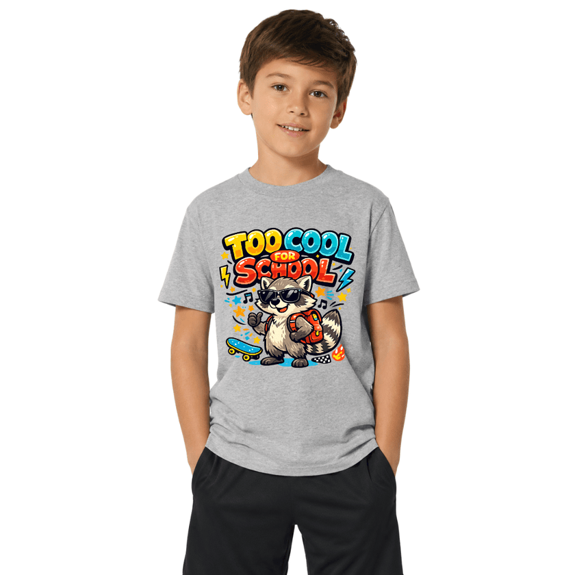A young boy wearing a heather gray graphic t-shirt with a cartoon raccoon and the text 'TOO COOL FOR SCHOOL' in colorful bubble letters, paired with black pants, set against a plain white background.