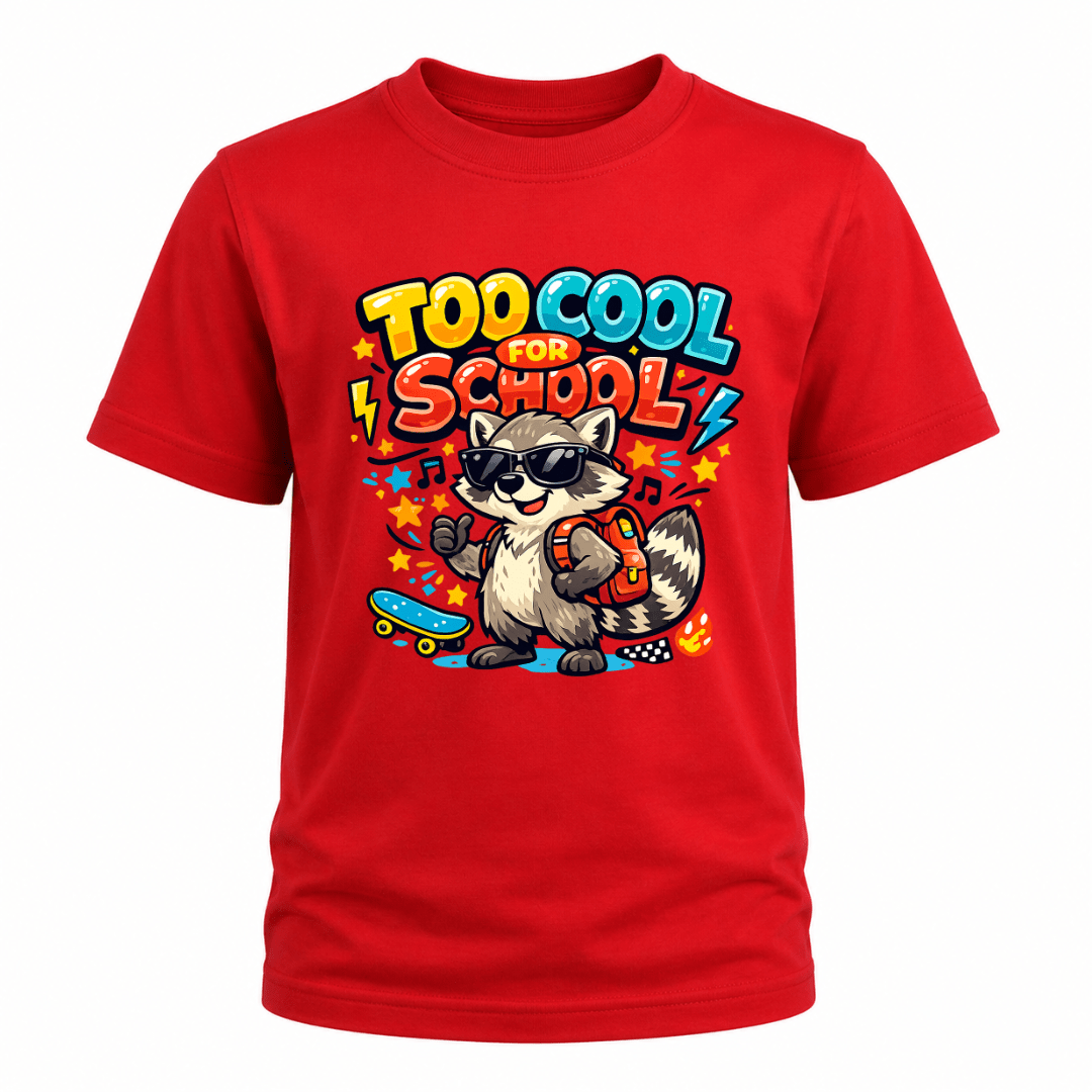 Red kids school T shirt displaying a colourful Too Cool for School raccoon graphic with backpack, skateboard and playful accents.