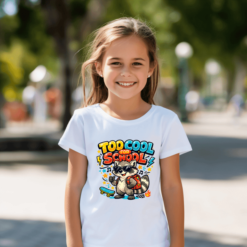 White youth graphic T shirt with a colourful Too Cool for School raccoon design, skateboard, backpack and playful classroom style.