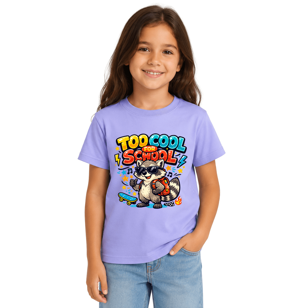 Violet kids Too Cool for School shirt with a playful raccoon character, sunglasses, backpack and colourful graphic details.