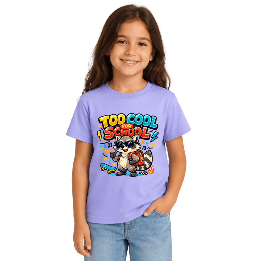 Violet kids Too Cool for School shirt with a playful raccoon character, sunglasses, backpack and colourful graphic details.
