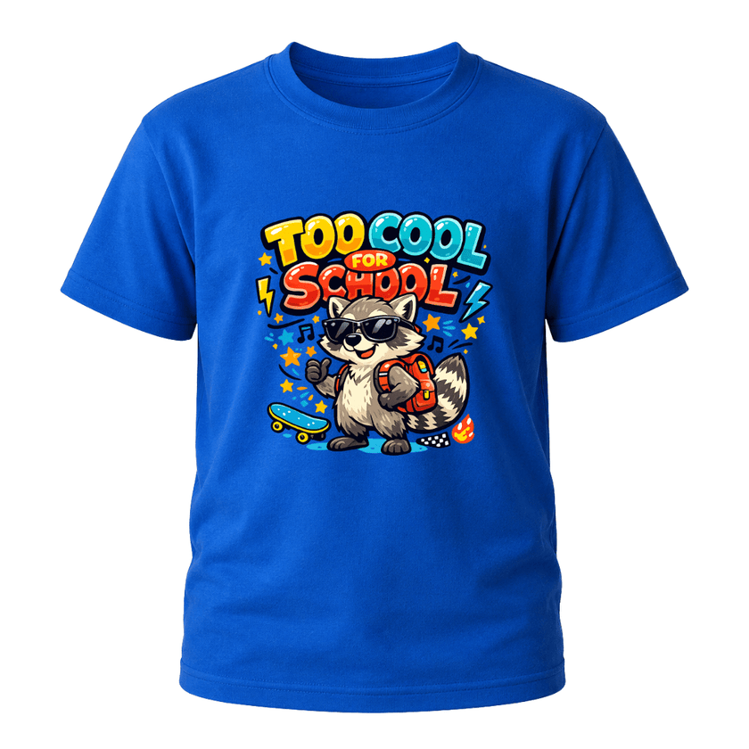 Royal Blue Too Cool for School Kids T Shirt with Raccoon Graphic
