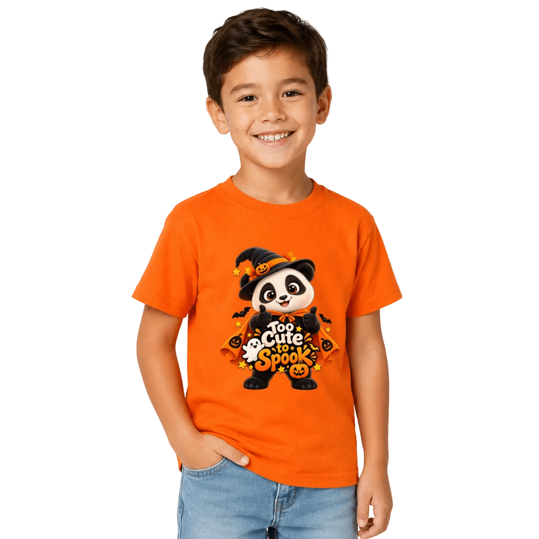 Boy wearing an orange youth Halloween panda T shirt with Too Cute to Spook lettering, pumpkins, bats and ghost artwork