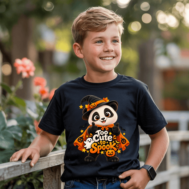 Boy wearing a black kids Halloween T shirt with cute panda witch graphic and Too Cute to Spook pumpkin design