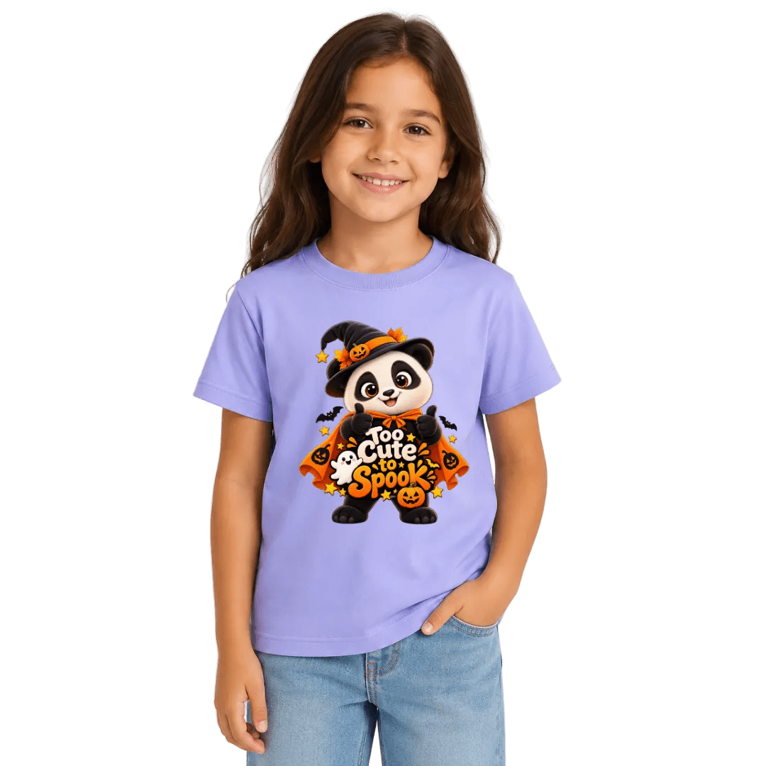 Girl wearing a violet Too Cute to Spook panda Halloween T shirt designed for kids and festive October outfits