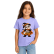 Girl wearing a violet Too Cute to Spook panda Halloween T shirt designed for kids and festive October outfits