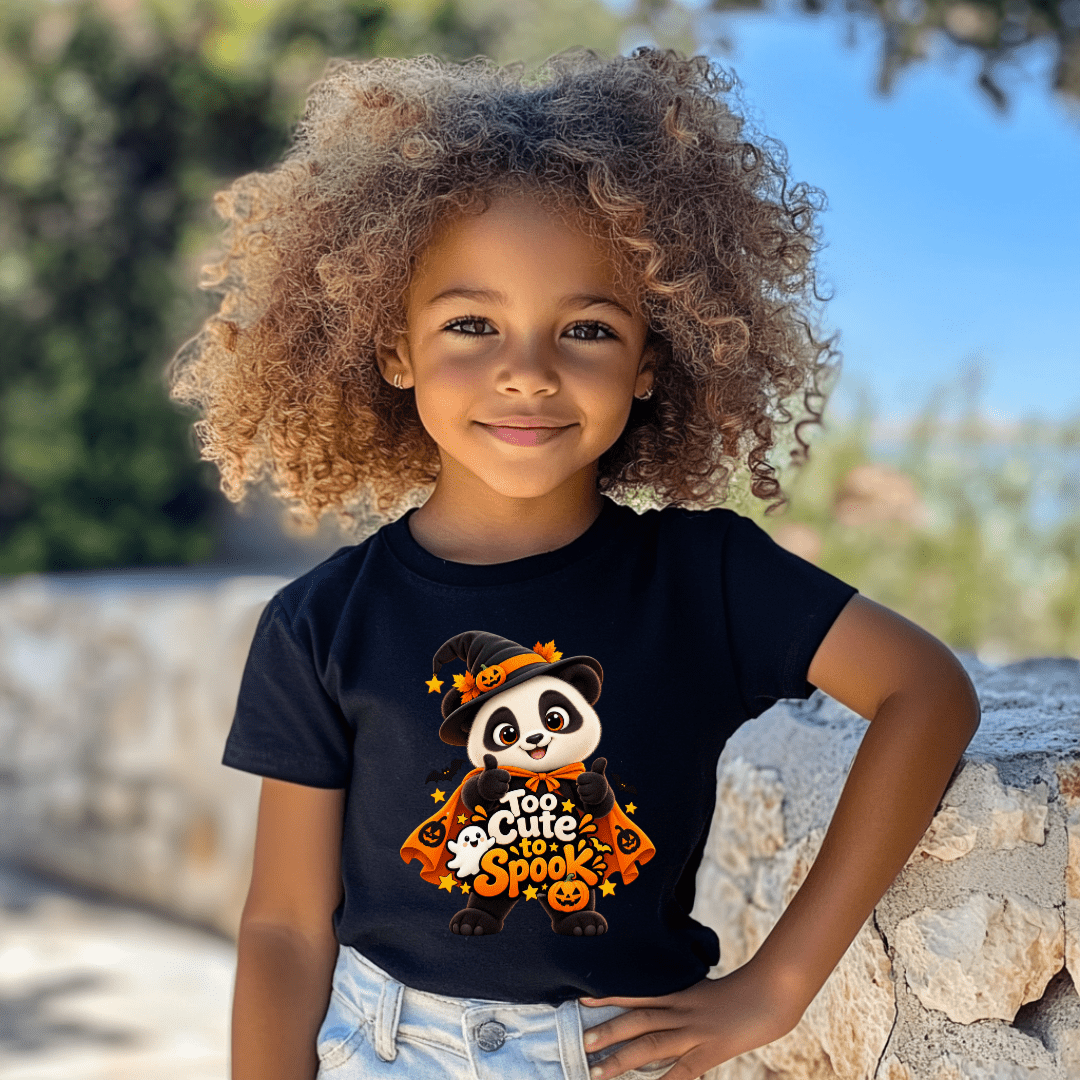 Girl wearing a black Too Cute to Spook youth Halloween shirt with panda witch, orange cape, pumpkins and friendly ghost