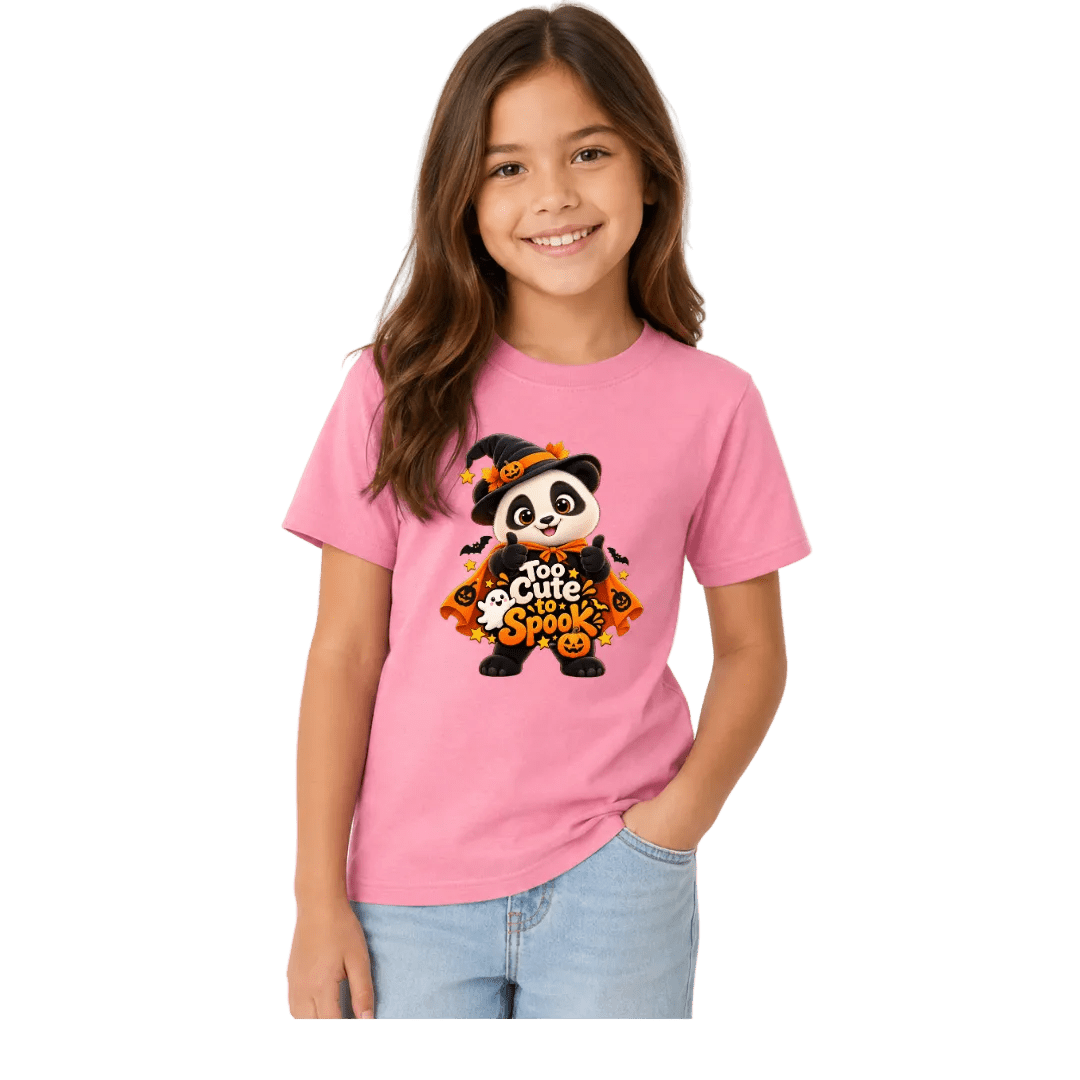 Girl modelling a pink panda Halloween youth T shirt with colourful Too Cute to Spook artwork for spooky season