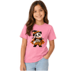 Girl modelling a pink panda Halloween youth T shirt with colourful Too Cute to Spook artwork for spooky season