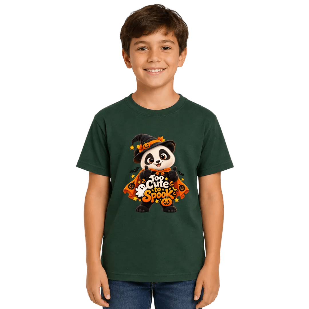 Boy wearing a forest green panda Halloween youth T shirt with cute Too Cute to Spook graphic for fall and Halloween events
