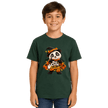 Boy wearing a forest green panda Halloween youth T shirt with cute Too Cute to Spook graphic for fall and Halloween events