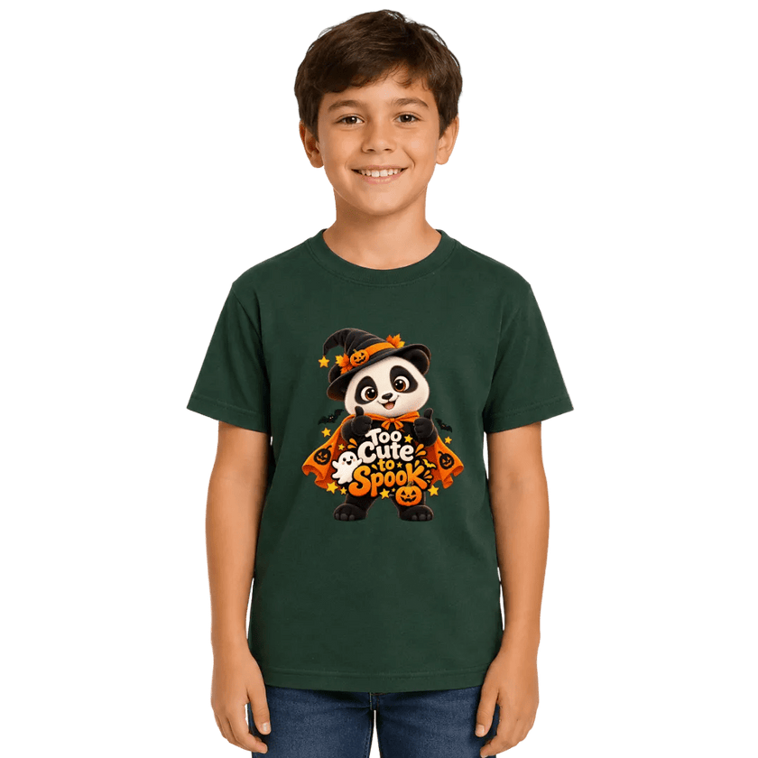Boy wearing a forest green panda Halloween youth T shirt with cute Too Cute to Spook graphic for fall and Halloween events