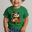Child wearing a green Too Cute to Spook Panda Halloween youth T shirt featuring a witch panda, pumpkins, ghost and bats