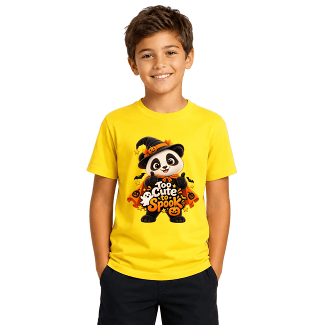 Boy wearing a bright yellow kids panda Halloween T shirt featuring a cute witch panda and Too Cute to Spook design