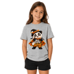 Girl wearing a sport grey kids Halloween shirt featuring a cute panda witch, pumpkins and Too Cute to Spook graphic
