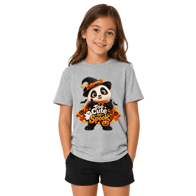 Girl wearing a sport grey kids Halloween shirt featuring a cute panda witch, pumpkins and Too Cute to Spook graphic