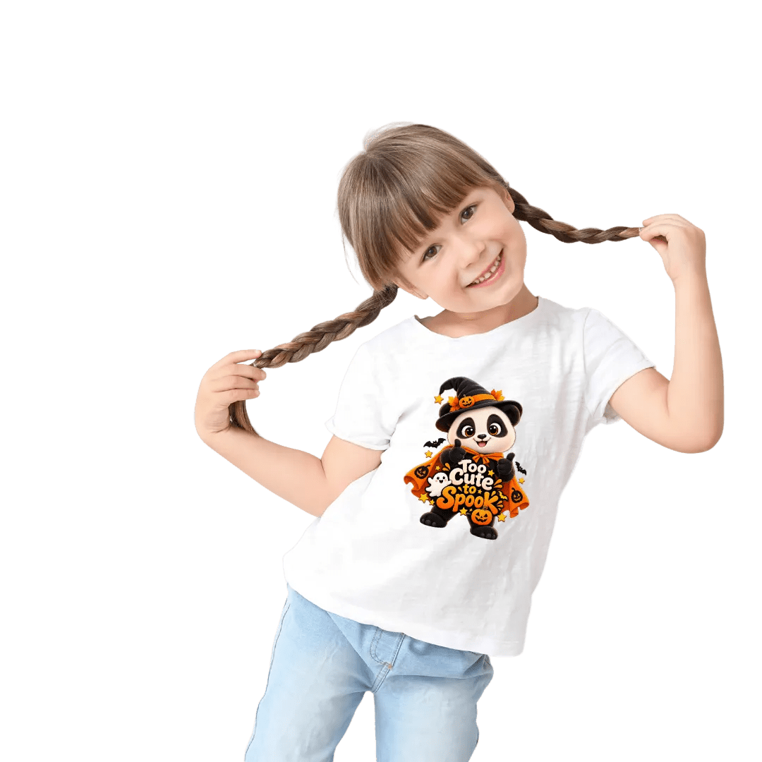 Girl wearing a white youth Halloween panda T shirt featuring pumpkins, bats, ghost and Too Cute to Spook lettering