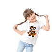 Girl wearing a white youth Halloween panda T shirt featuring pumpkins, bats, ghost and Too Cute to Spook lettering