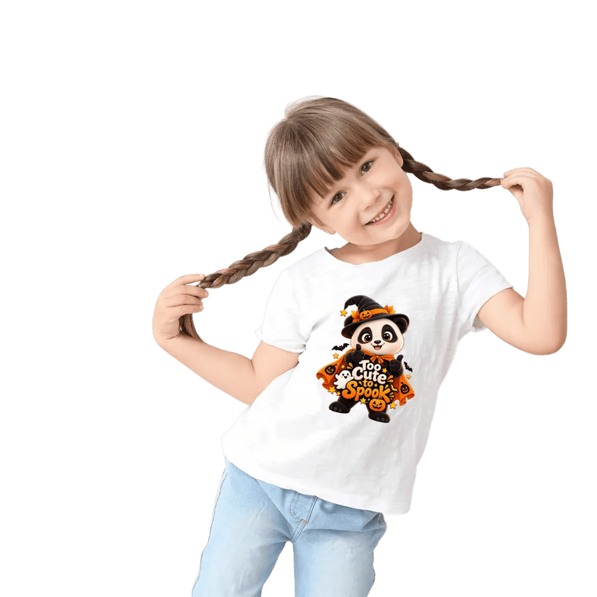 Girl wearing a white youth Halloween panda T shirt featuring pumpkins, bats, ghost and Too Cute to Spook lettering
