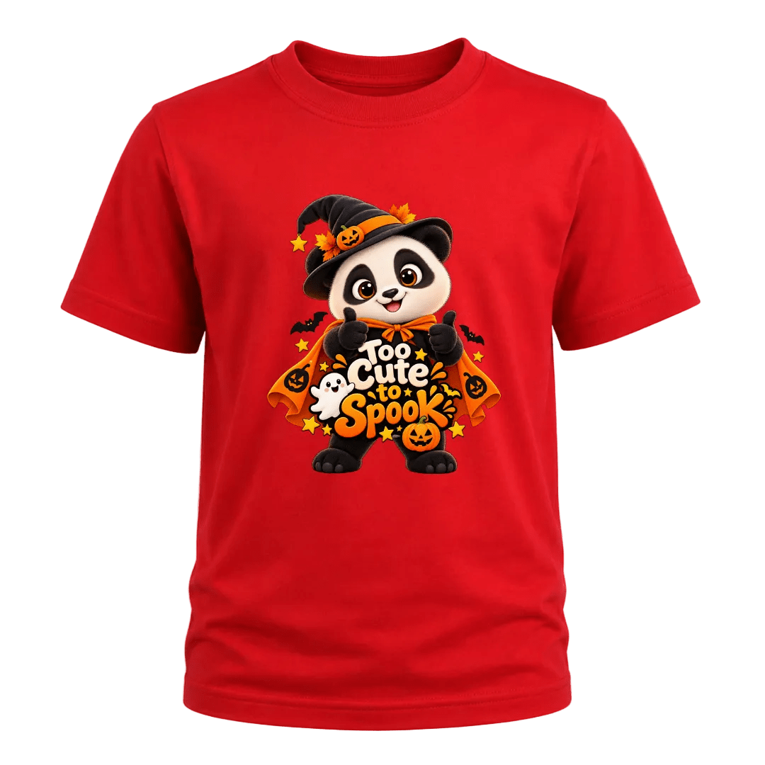 Red kids Halloween T shirt with large Too Cute to Spook panda witch graphic, orange pumpkins and spooky season details