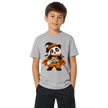 Boy modelling a sport grey Too Cute to Spook panda Halloween youth T shirt with cute fall and spooky season graphics
