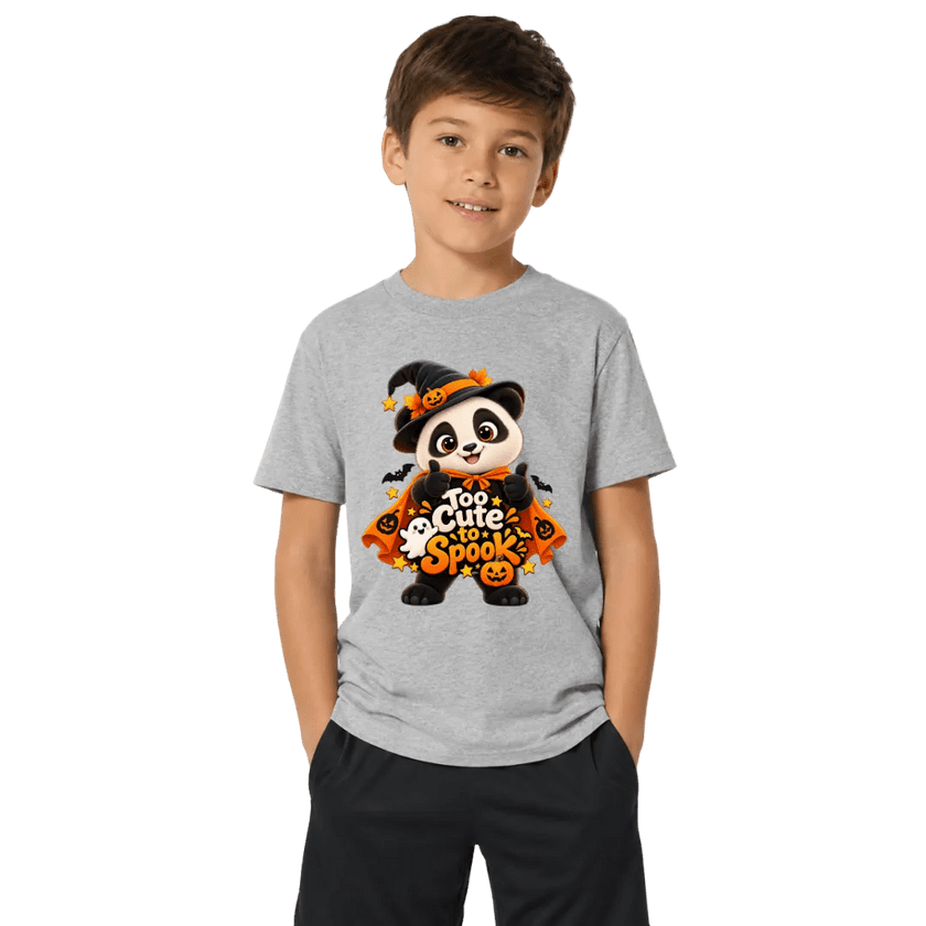 Boy modelling a sport grey Too Cute to Spook panda Halloween youth T shirt with cute fall and spooky season graphics
