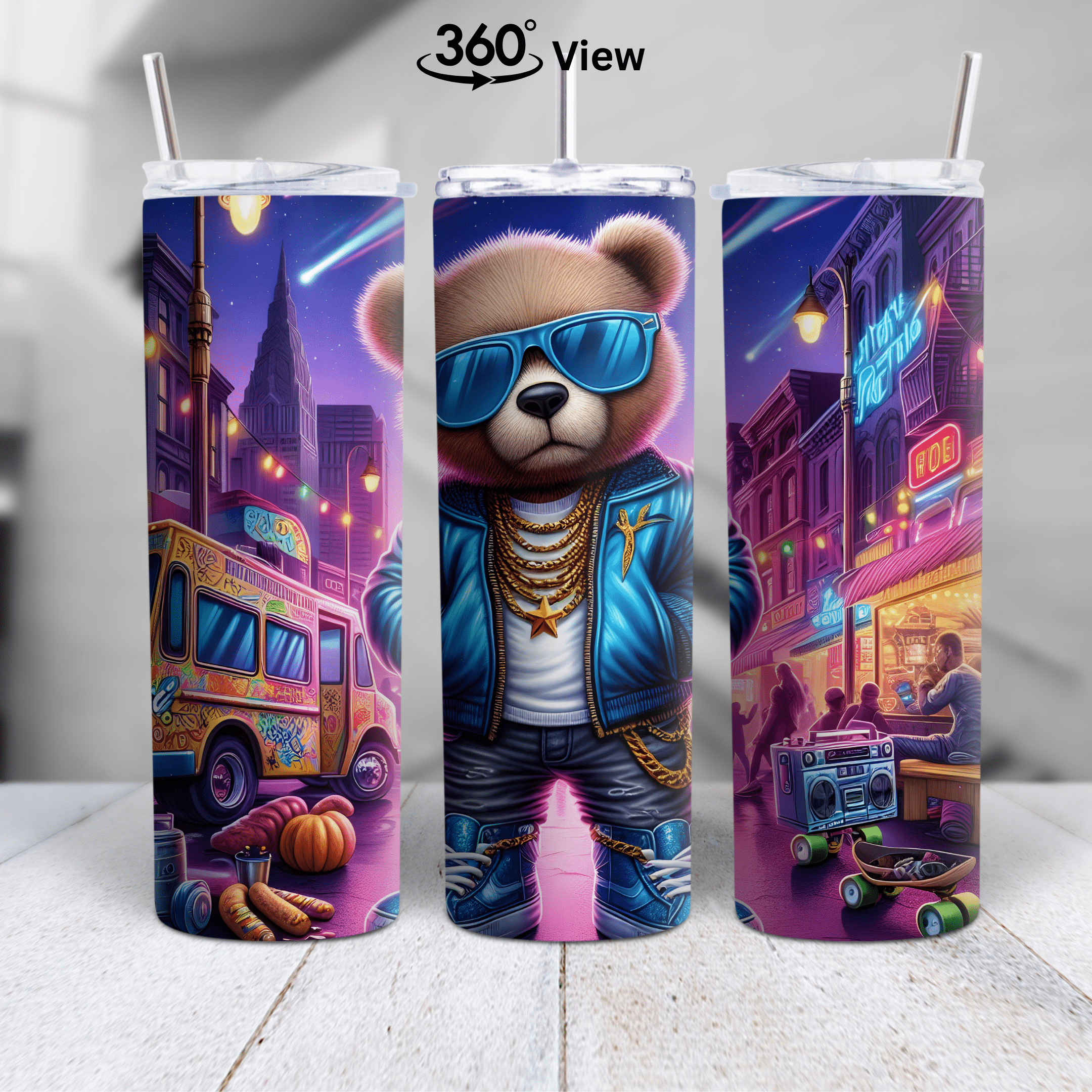 Urban Swag Teddy Bear tumbler featuring a streetwear bear with sunglasses, gold chains, and neon city night background.
