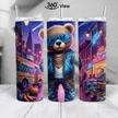 Urban Swag Teddy Bear tumbler featuring a streetwear bear with sunglasses, gold chains, and neon city night background.