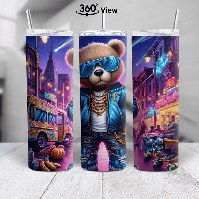 Urban Swag Teddy Bear tumbler featuring a streetwear bear with sunglasses, gold chains, and neon city night background.