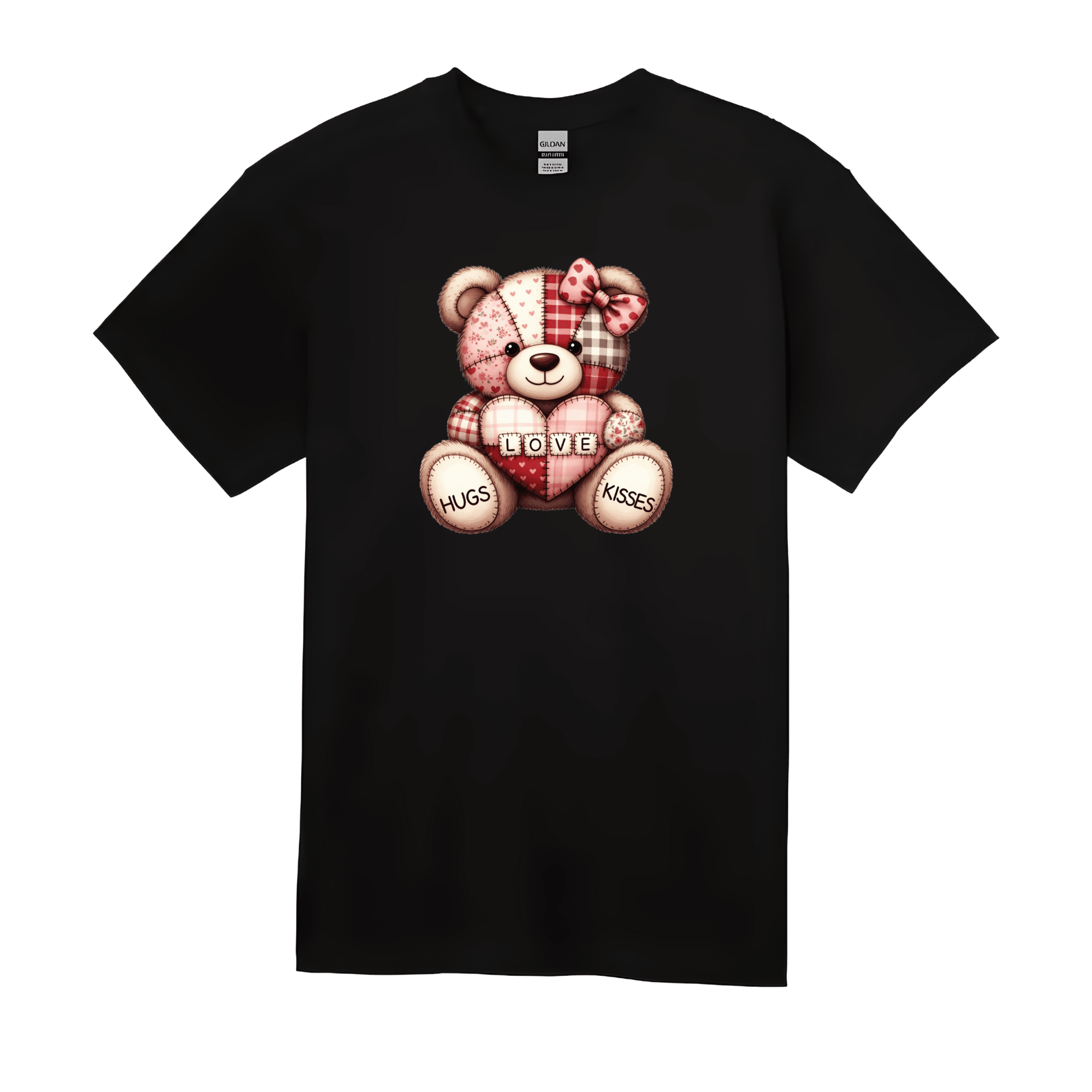 Black Valentine teddy bear graphic t-shirt with hugs kisses artwork