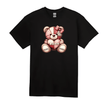 Black Valentine teddy bear graphic t-shirt with hugs kisses artwork