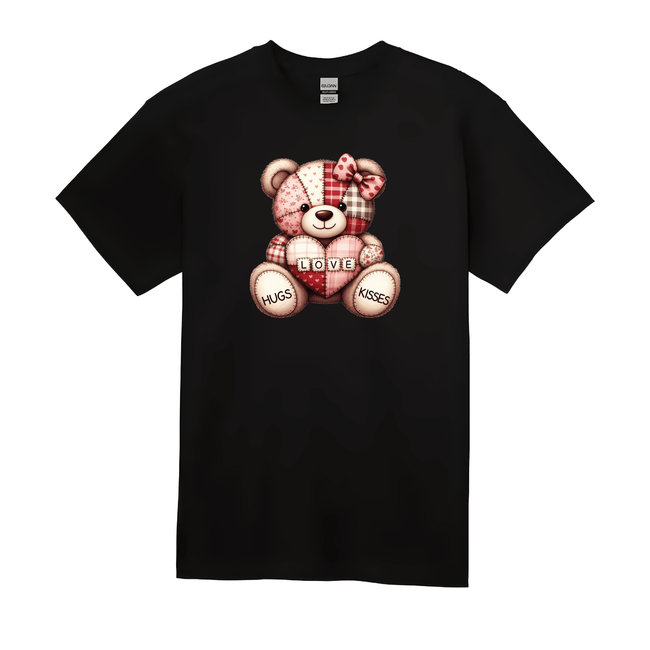Black Valentine teddy bear graphic t-shirt with hugs kisses artwork