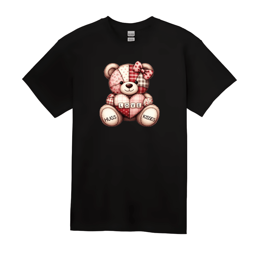 Black Valentine teddy bear graphic t-shirt with hugs kisses artwork