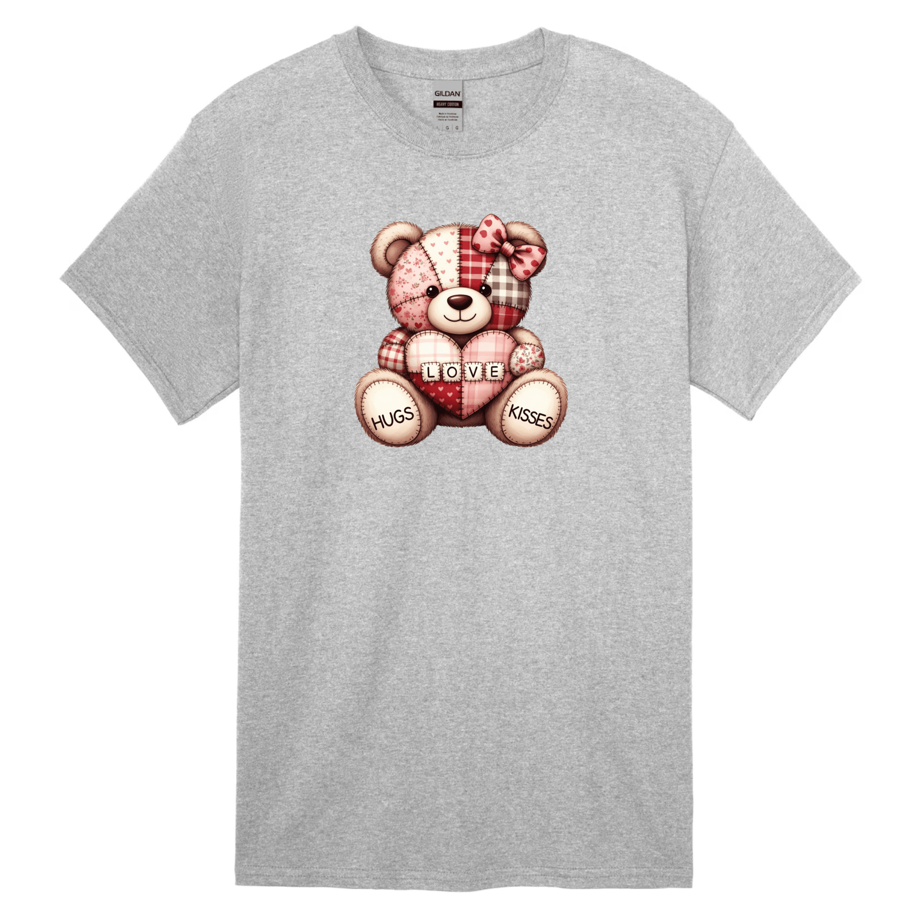 Cute teddy bear Valentine graphic t-shirt displayed on grey unisex tee