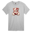 Cute teddy bear Valentine graphic t-shirt displayed on grey unisex tee
