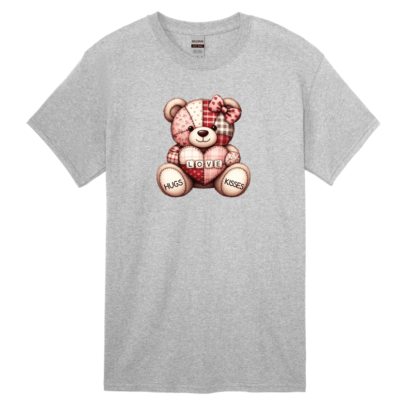 Cute teddy bear Valentine graphic t-shirt displayed on grey unisex tee