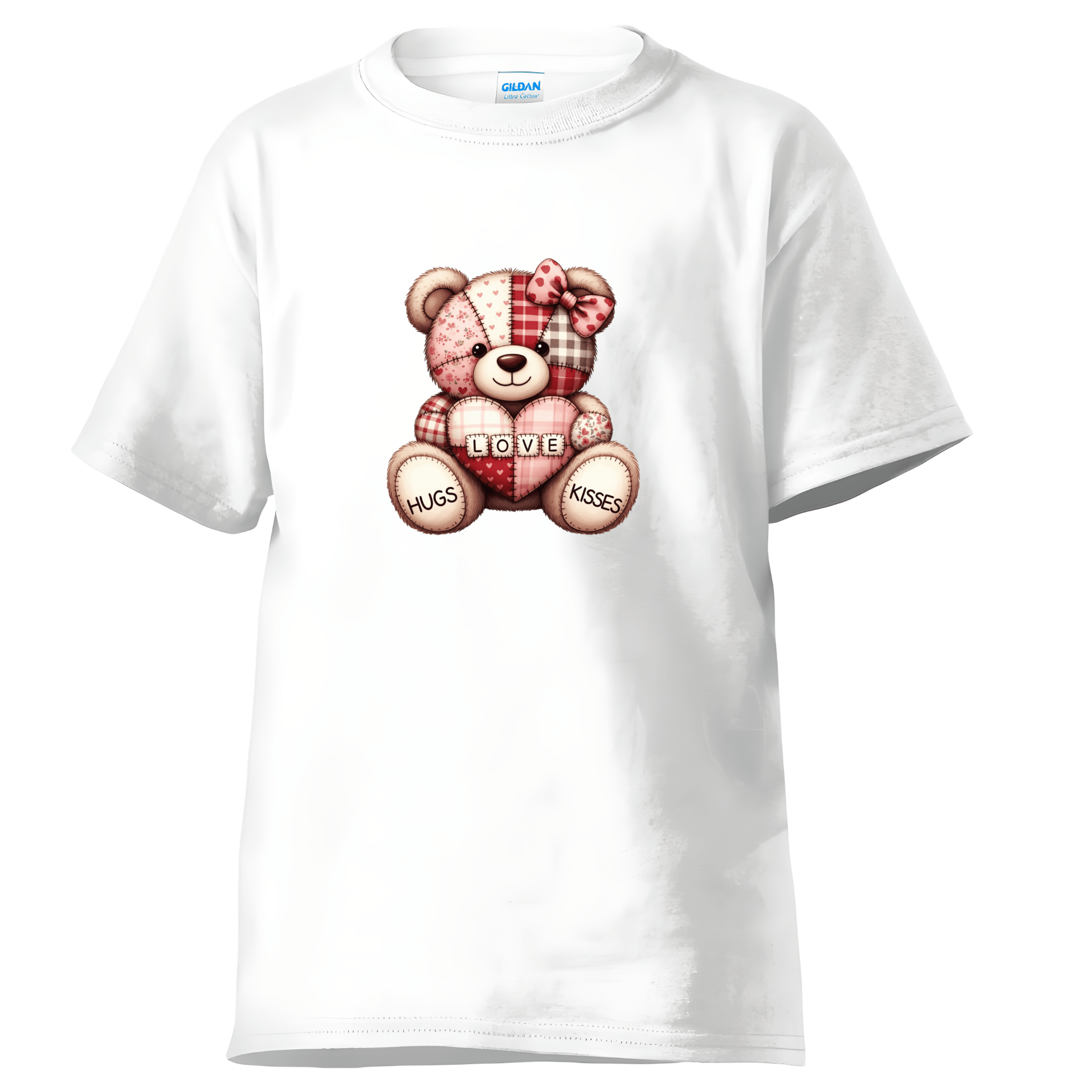 Valentine teddy bear t-shirt with love hugs and kisses graphic on white short sleeve tee