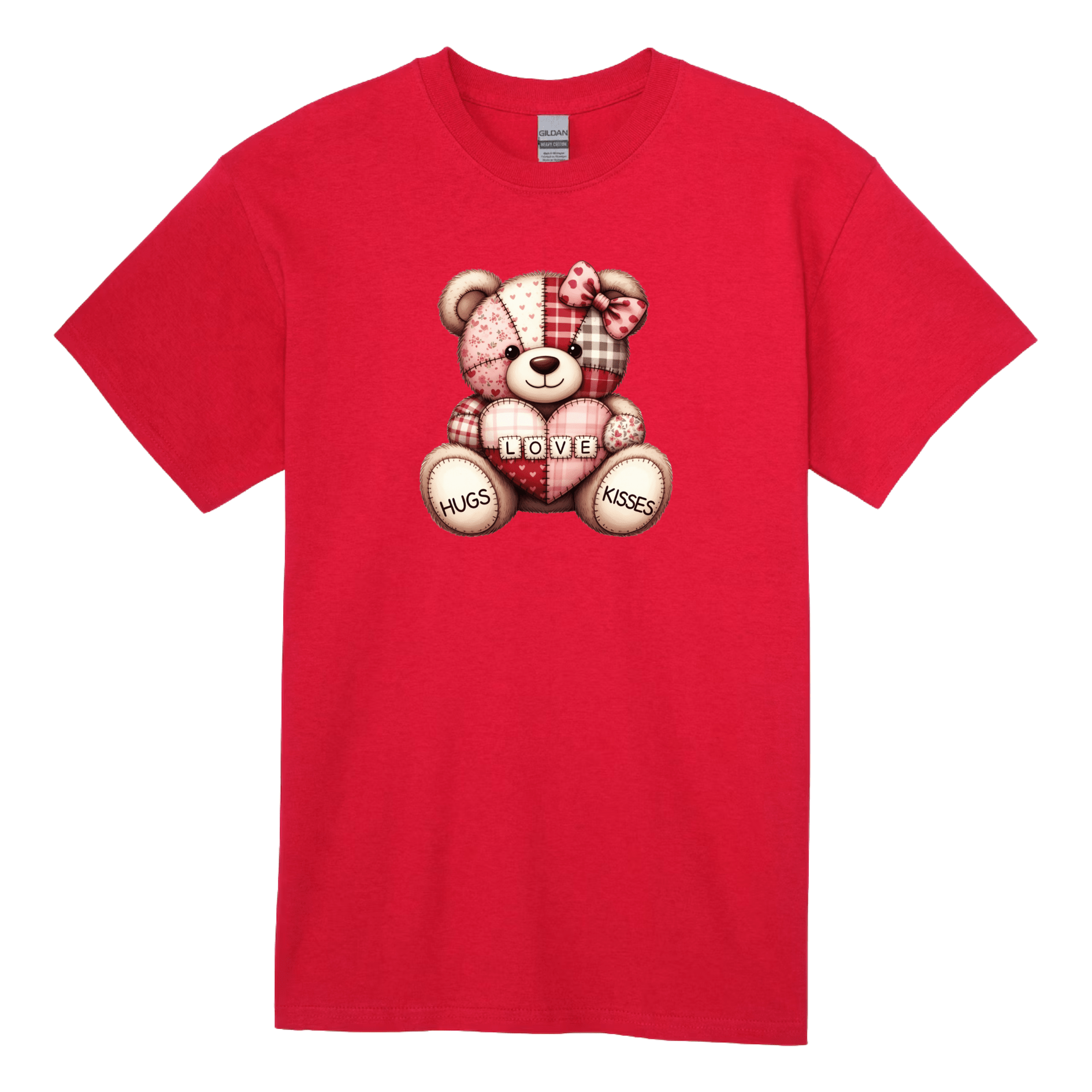 Red Valentine t-shirt featuring teddy bear holding heart love design