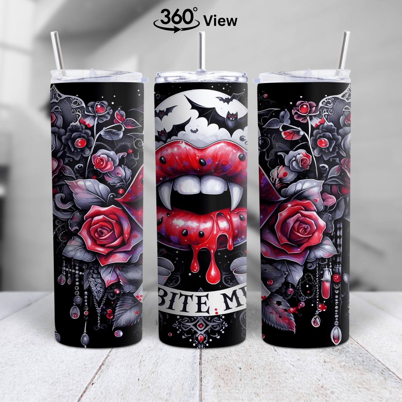Gothic vampire tumbler design with red roses, fangs, and dripping blood under a full moon. Perfect for vampire lovers.