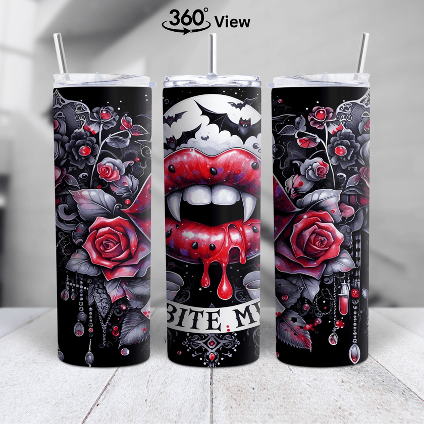 Gothic vampire tumbler design with red roses, fangs, and dripping blood under a full moon. Perfect for vampire lovers.