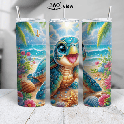 A vibrant tropical tumbler featuring a smiling sea turtle, ocean waves, palm trees, seashells, and colorful flowers on a cup