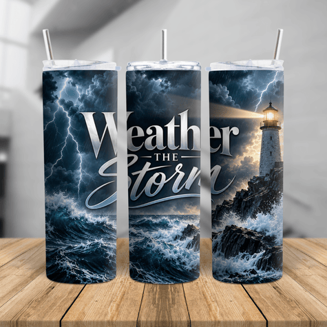20oz Weather the Storm tumbler featuring a glowing lighthouse, lightning, dark storm clouds and crashing ocean waves