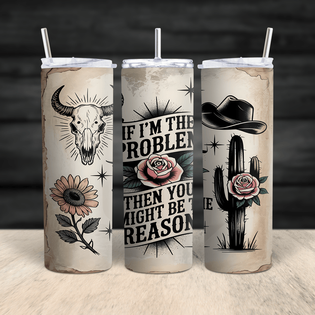 A rustic Western-style skinny tumbler featuring a buffalo skull, cowboy hat, cactus, roses, and a quote.