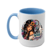 Large Wild Heart woman and wolf coffee mug featuring detailed florals and artistic free spirit inspired illustration