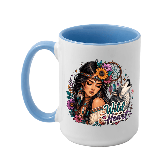 Large Wild Heart woman and wolf coffee mug featuring detailed florals and artistic free spirit inspired illustration