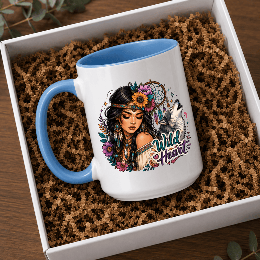Wild Heart woman and wolf mug with light blue handle, colourful artistic coffee cup for women who love wolves and nature
