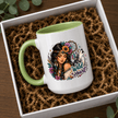 Wild Heart woman and wolf mug with green handle and interior, unique coffee cup gift for free spirited women